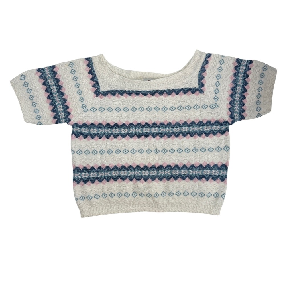 Sycamore Women Square Neck Fair Isle Knit Sweater Short Sleeve Cream Blue Pink M
